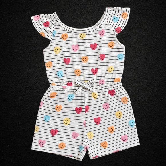 Primark pull-on Girls Summer Romper- Colorful Heart Smileys- Sizes- 2T 3T & 6/7 - Picture 1 of 3